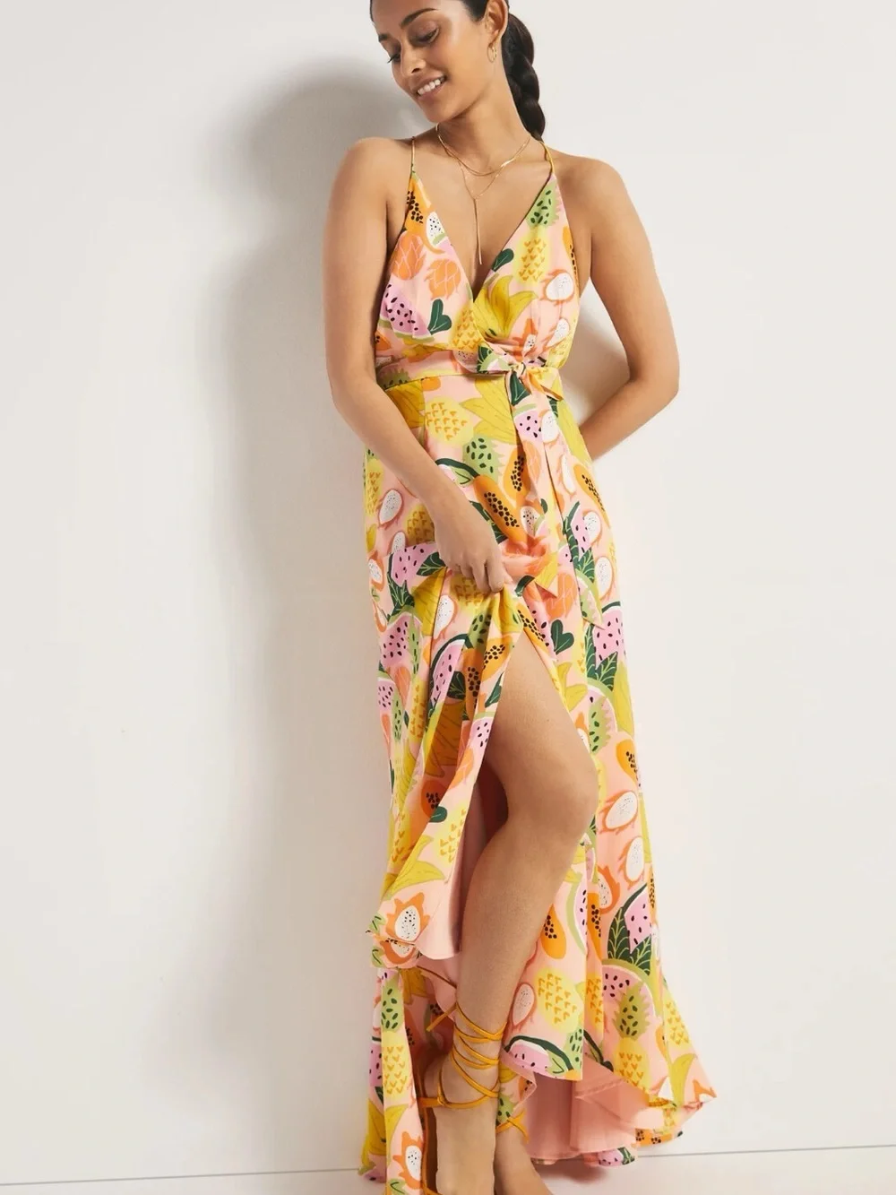 Hutch Anthropologie Pink Tropical Fruit-Print Wrap Maxi Dress - Picture 2 of 2